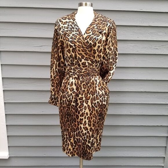 Vintage 80s Retro Pin Up Girl Animal Print Leopard Silk Midi Pencil Dress 4 - Picture 2 of 11